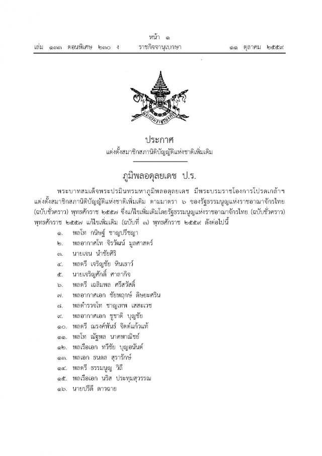 ราชกิจจาฯ ประกาศ 33 รายชื่อสนช.ใหม่ 
ทหาร 26 / พลเรือน 5 / ตำรวจ  2