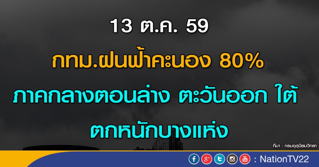 กทม.ฝนฟ้าคะนอง 80% ภาคกลางตอนล่าง ตะวันออก ใต้ ตกหนักบางแห่ง