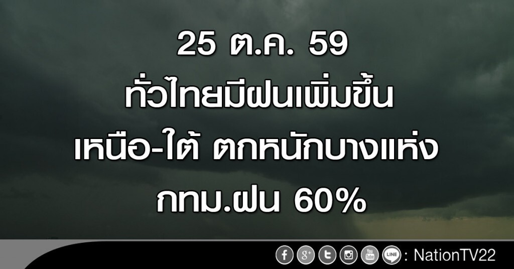 ทั่วไทยมีฝนเพิ่มขึ้น เหนือ-ใต้ตกหนักบางแห่ง กทม.ฝน 60%