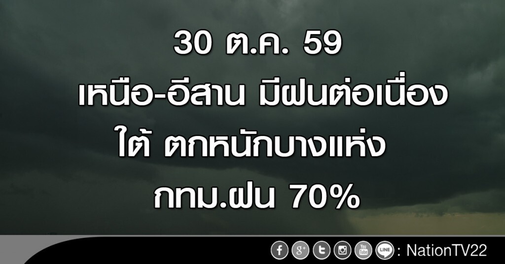 เหนือ-อีสานยังมีฝนต่อเนื่อง ใต้ฝนตกหนักบางแห่ง กทม.ฝน 70%