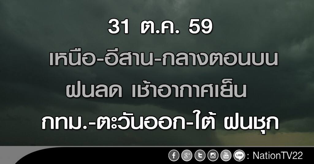 เหนือ-อีสาน-กลางตอนบนฝนลด เช้าอากาศเย็น กทม.-ตะวันออก-ใต้ ฝนชุก