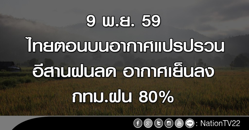 ไทยตอนบนอากาศแปรปรวน อีสานเย็นลง กทม.ฝน 80%
