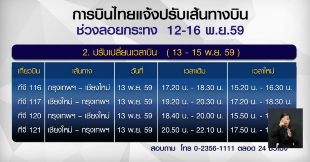 การบินไทยแจ้งปรับเวลาบิน ช่วงลอยกระทง