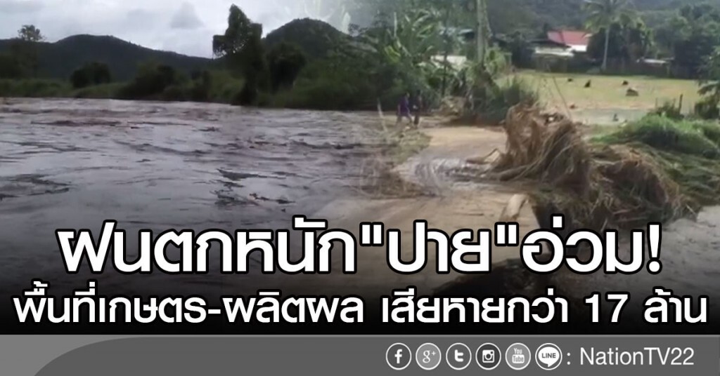 ฝนตกหนัก"ปาย"อ่วม!
พื้นที่เกษตร-ผลิตผล เสียหายกว่า 17 ล้าน