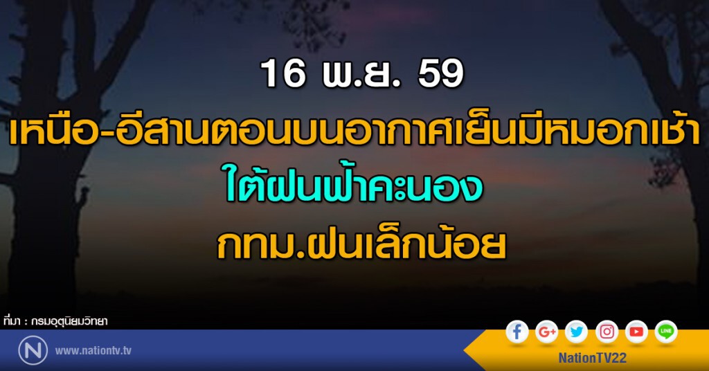 เหนือ-อีสานตอนบนอากาศเย็นมีหมอกเช้า ใต้ฝนฟ้าคะนอง กทม.ฝนเล็กน้อย