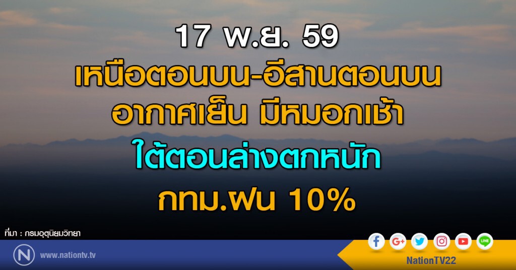 เหนือตอนบน-อีสานตอนบนอากาศเย็น มีหมอกเช้า / ใต้ตอนล่างตกหนัก / กทม.ฝน 10%