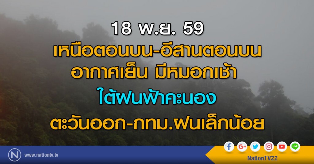 เหนือตอนบน-อีสานตอนบนอากาศเย็น มีหมอกเช้า ใต้ฝนฟ้าคะนอง ตะวันออก-กทม.ฝนเล็กน้อย