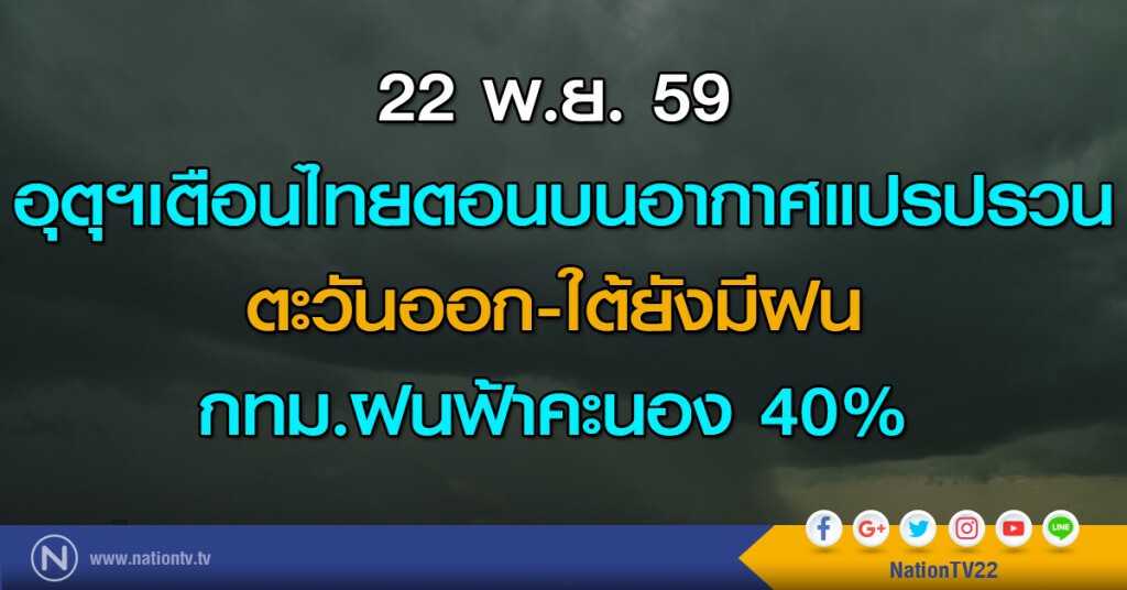 อุตุฯเตือนไทยตอนบนอากาศแปรปรวน ตอ.-ใต้ยังมีฝน กทม.ฝนฟ้าคะนอง 40%