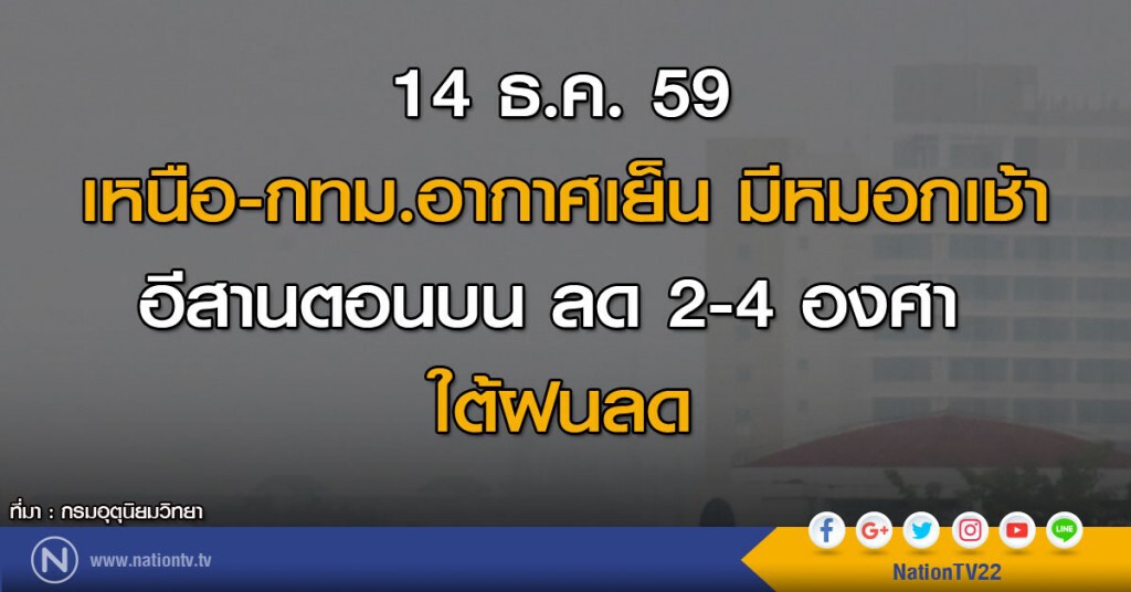 เหนือ-กทม.อากาศเย็น มีหมอกเช้า อีสานลด 2-4 องศา ใต้ฝนลด