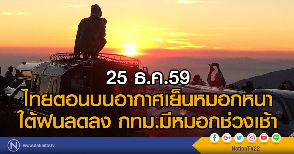 25 ธ.ค.59
ไทยตอนบนอากาศเย็นหมอกหนา
ใต้ฝนลดลง กทม.มีหมอกช่วงเช้า