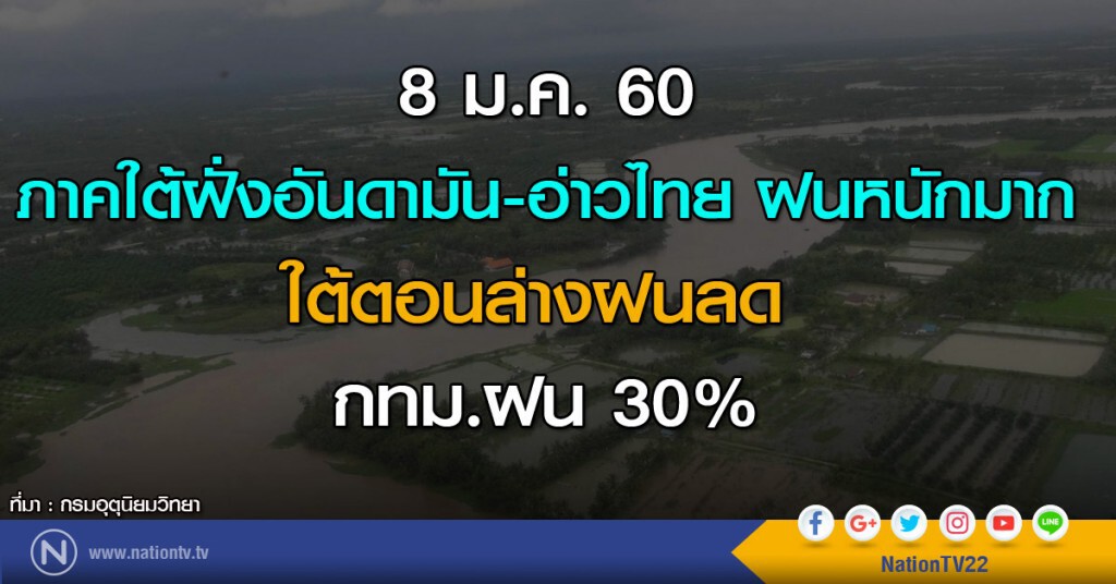 ภาคใต้ฝั่งอันดามัน-อ่าวไทย ฝนหนักมาก ใต้ตอนล่างฝนลด กทม.ฝน 30%