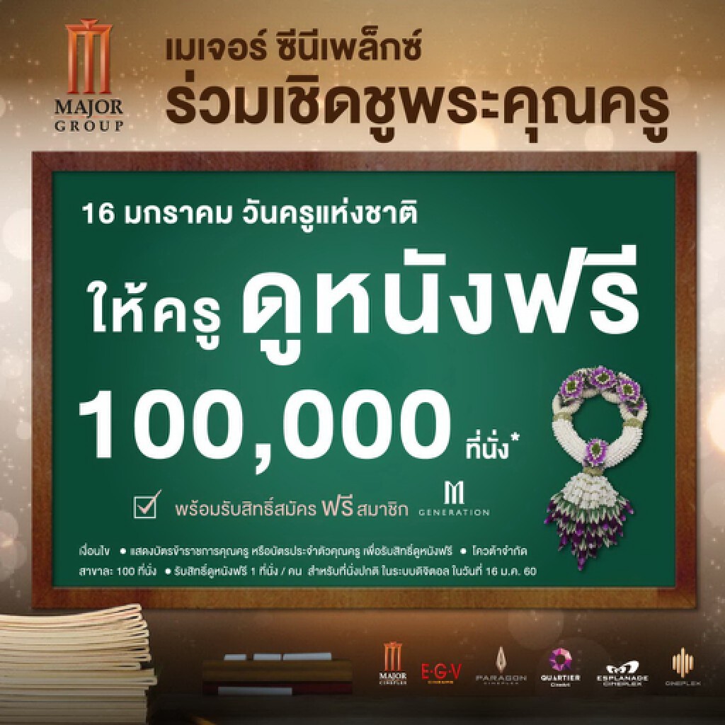 เมเจอร์ ซีนีเพล็กซ์ กรุ้ป ร่วมเชิดชูพระคุณครู
เปิดให้ครูทั่วประเทศดูหนังฟรี 1 แสนที่นั่ง เมเจอร์ ซีนีเพล็กซ์ กรุ้ป ร่วมเชิดชูพระคุณครู
เปิดให้ครูทั่วประเทศดูหนังฟรี 1 แสนที่นั่ง