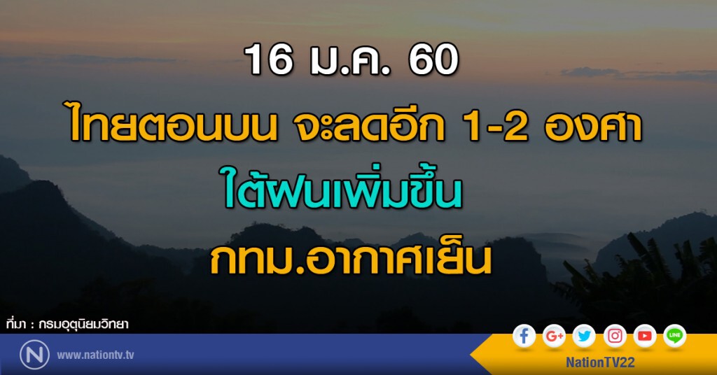 ไทยตอนบนอุณหภูมิจะลดอีก 1-2 องศา ใต้ฝนเพิ่มขึ้น กทม.อากาศเย็น