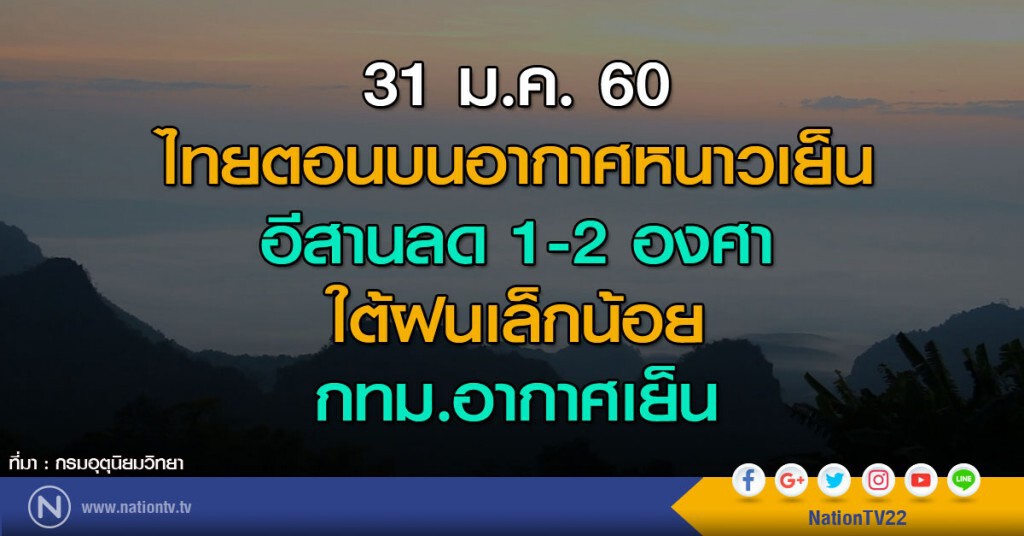 ไทยตอนบนอากาศหนาวเย็น อีสานลด 1-2 องศา ใต้ฝนเล็กน้อย กทม.อากาศเย็น