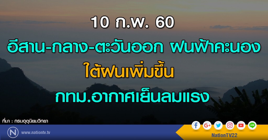 อีสาน-กลาง-ตอ.ฝนฟ้าคะนอง ใต้ฝนเพิ่มขึ้น กทม.อากาศเย็นลมแรง