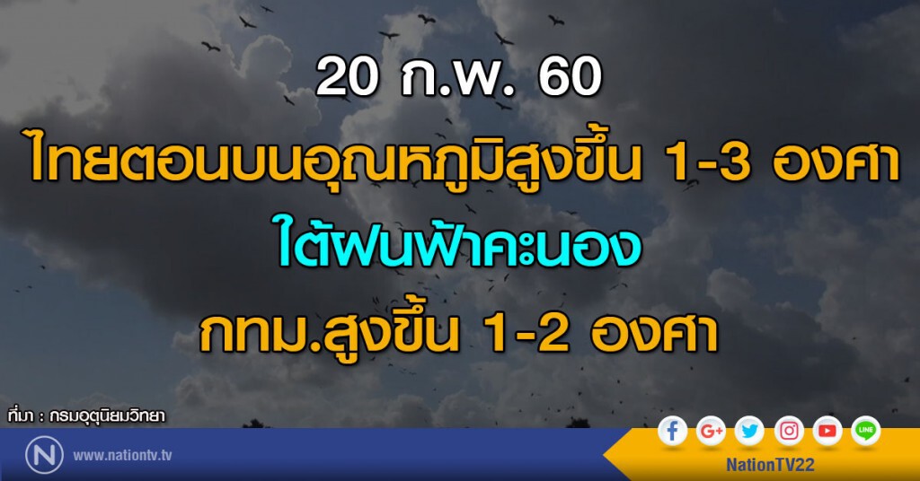 ไทยตอนบนอุณหภูมิสูงขึ้น 1-3 องศา ใต้ฝนฟ้าคะนอง กทม.สูงขึ้น 1-2 องศา