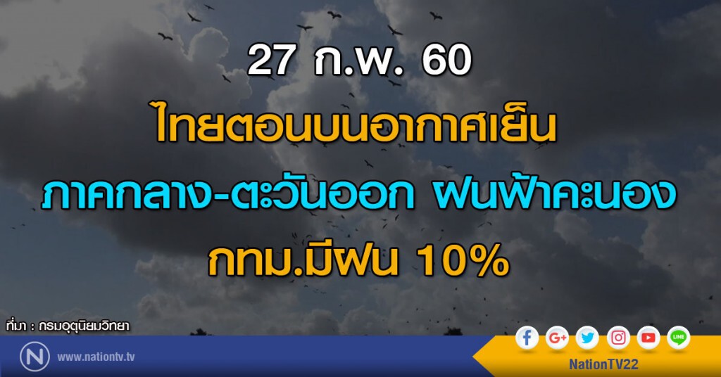 ไทยตอนบนอากาศเย็น ภาคกลาง-ตะวันออก ฝนฟ้าคะนอง กทม.มีฝน 10%