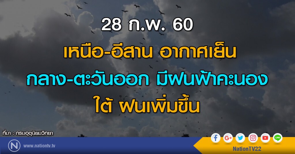 เหนือ-อีสานอากาศเย็น กลาง-ตะวันออกมีฝนฟ้าคะนอง ใต้ฝนเพิ่มขึ้น