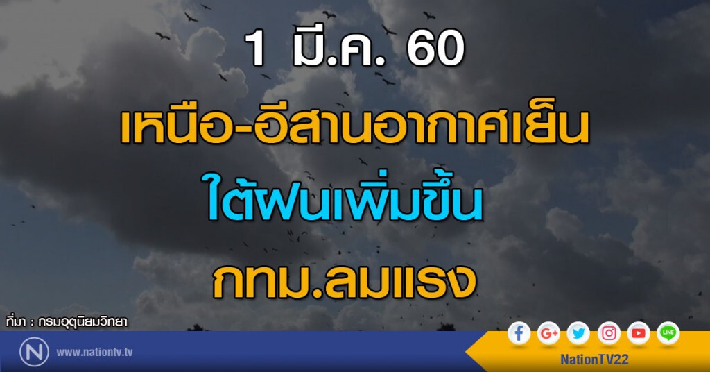 เหนือ-อีสานอากาศเย็น ใต้ฝนเพิ่มขึ้น กทม.ลมแรง
