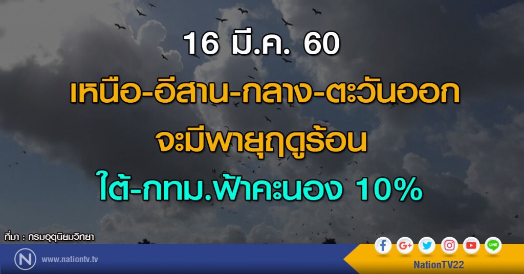 เหนือ-อีสาน-กลาง-ตะวันออก จะมีพายุฤดูร้อน ใต้-กทม.ฟ้าคะนอง 10%
