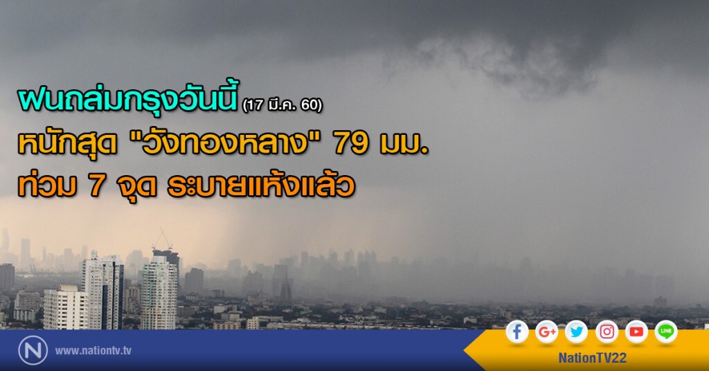 ฝนถล่มกรุงวันนี้ หนักสุด"วังทองหลาง" 79 มม. ท่วม 7 จุดระบายแห้งแล้ว