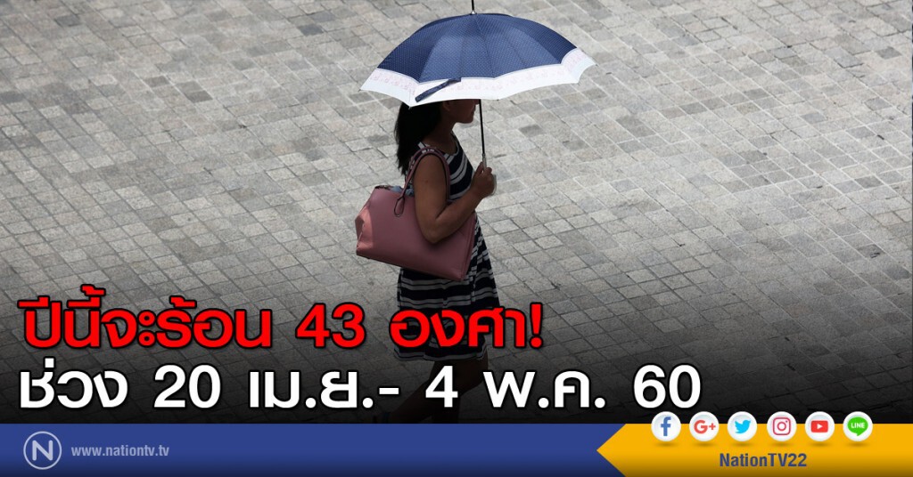 ปีนี้จะร้อน 43 องศา!
ช่วง 20 เม.ย.- 4 พ.ค. 60