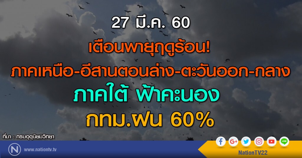 เตือนพายุฤดูร้อน! ภาคเหนือ-อีสานตอนล่าง-ตะวันออก-กลาง ใต้ฟ้าคะนอง กทม.ฝน 60%