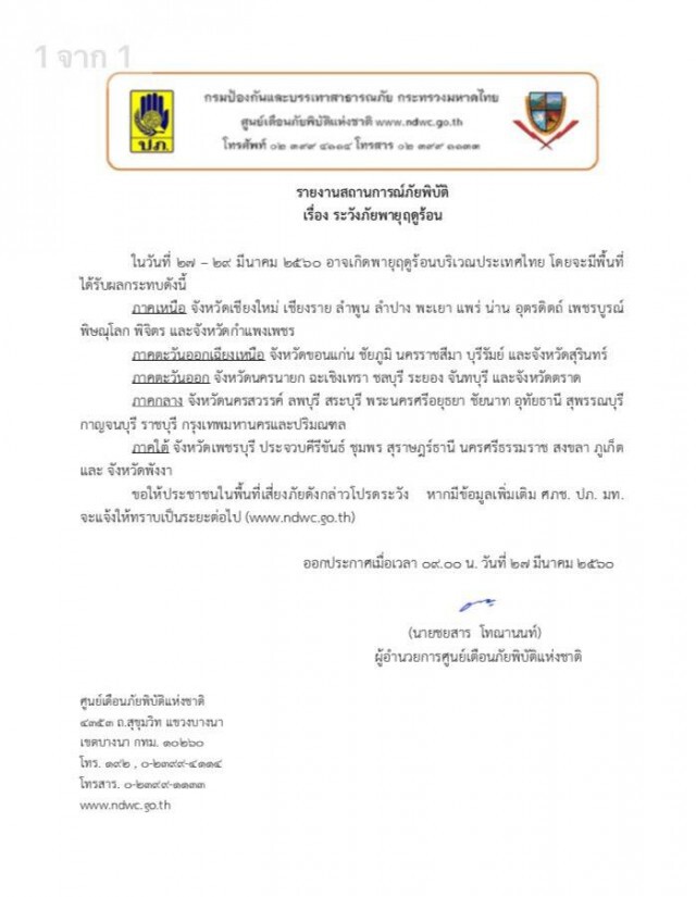 ศภช.เตือน 41 จังหวัด เสี่ยงพายุฤดูร้อน 27-29 มี.ค.นี้