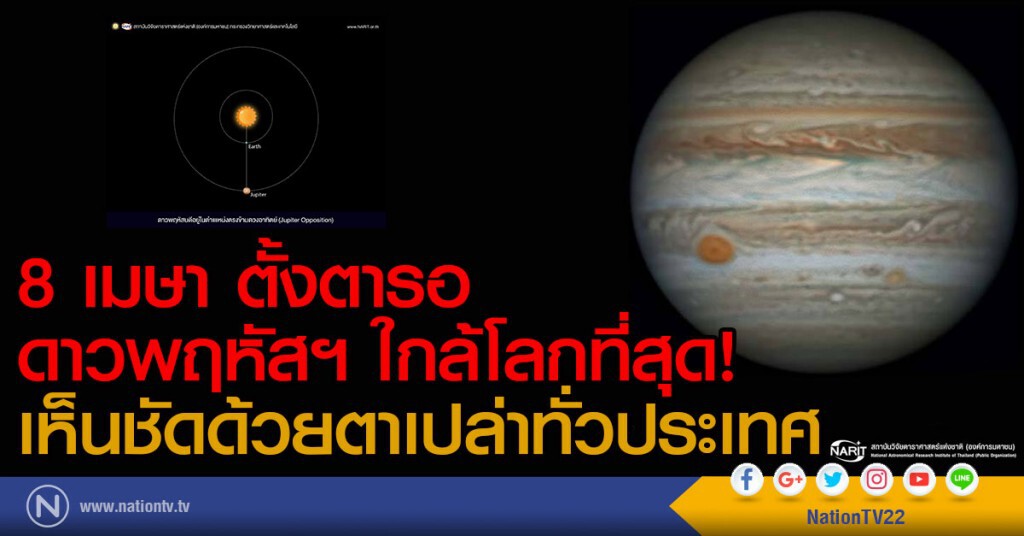 8 เมษา ตั้งตารอ
ดาวพฤหัสฯ ใกล้โลกที่สุด!
เห็นชัดด้วยตาเปล่าทั่วประเทศ
