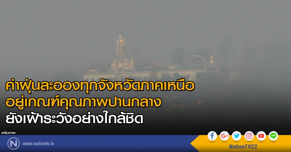 ค่าฝุ่นละอองทุกจังหวัดภาคเหนือ อยู่เกณฑ์คุณภาพปานกลาง ยังเฝ้าระวังอย่างใกล้ชิด ค่าฝุ่นละอองทุกจังหวัดภาคเหนือ อยู่เกณฑ์คุณภาพปานกลาง ยังเฝ้าระวังอย่างใกล้ชิด