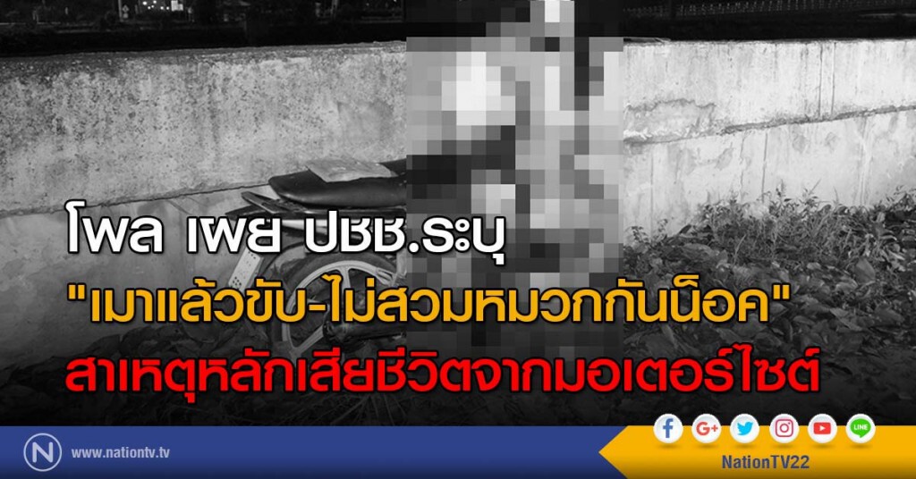 โพล เผย ปชช.ระบุ "เมาแล้วขับ-ไม่สวมหมวกกันน็อค" สาเหตุหลักเสียชีวิตจากมอเตอร์ไซต์