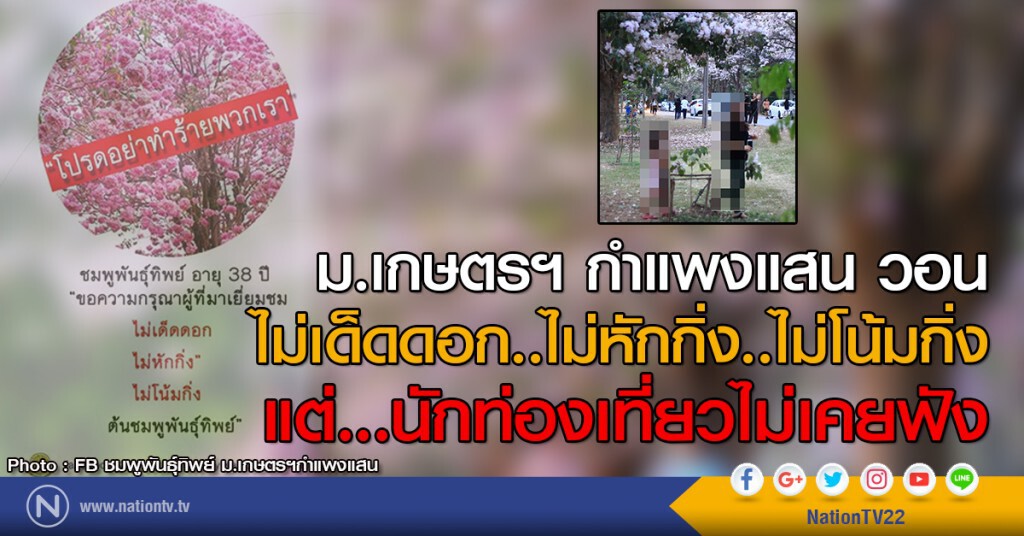 ม.เกษตรฯ กำแพงแสน วอน
ไม่เด็ดดอก..ไม่หักกิ่ง..ไม่โน้มกิ่ง
แต่...นักท่องเที่ยวไม่เคยฟัง