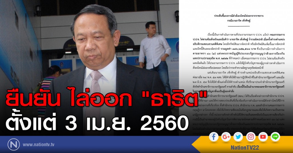 ยืนยัน ไล่ออก "ธาริต" ตั้งแต่ 3 เม.ย. 2560 ยืนยัน ไล่ออก "ธาริต" ตั้งแต่ 3 เม.ย. 2560