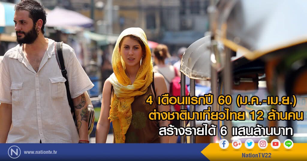 4 เดือนแรกปี 60 (ม.ค.-เม.ย.)  
ต่างชาติมาเที่ยวไทย 12 ล้านคน
สร้างรายได้ 6 แสนล้านบาท
