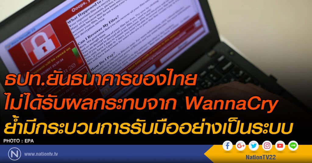 ธปท.ยันธนาคารของไทย
ไม่ได้รับผลกระทบจาก WannaCry
ย้ำมีกระบวนการรับมืออย่างเป็นระบบ