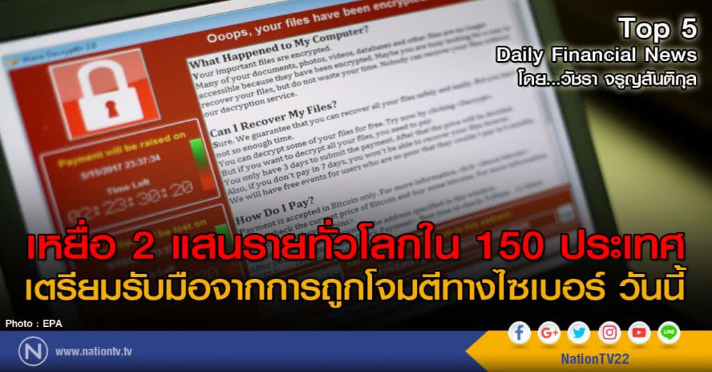 เหยื่อ 2 แสนรายทั่วโลกใน 150 ประเทศ เตรียมรับมือจากการถูกโจมตีทางไซเบอร์ วันนี้