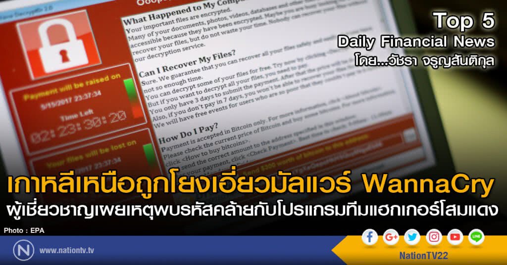 เกาหลีเหนือถูกโยงเอี่ยวมัลแวร์ WannaCry
ผู้เชี่ยวชาญเผยเหตุพบรหัสคล้ายกับโปรแกรมทีมแฮกเกอร์โสมแดง