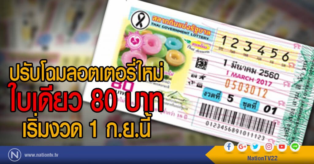 ปรับโฉมลอตเตอรี่ใหม่
ใบเดียว 80 บาท
เริ่มงวด 1 ก.ย.นี้ ปรับโฉมลอตเตอรี่ใหม่
ใบเดียว 80 บาท
เริ่มงวด 1 ก.ย.นี้