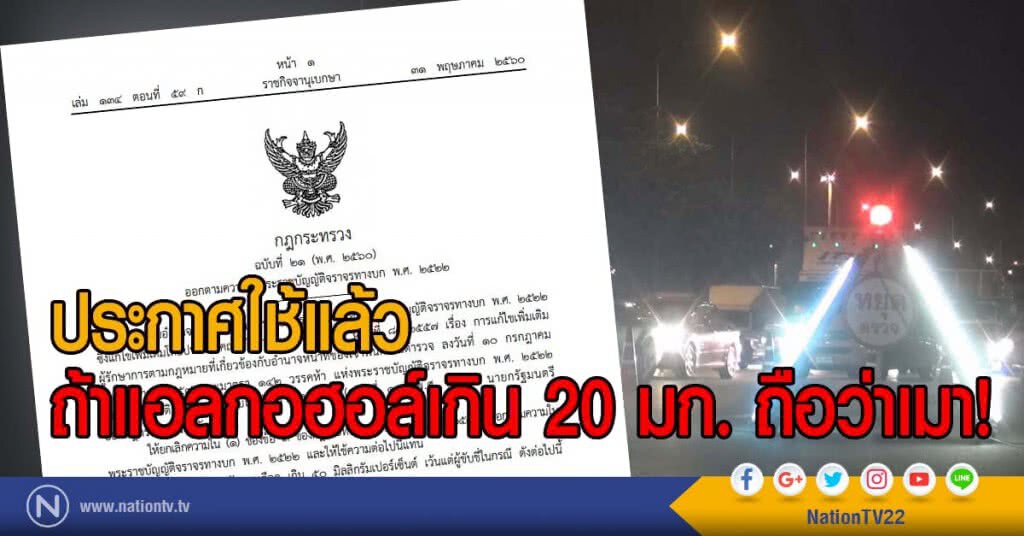ประกาศใช้แล้ว
ถ้าแอลกอฮอล์เกิน 20 มก. ถือว่าเมา!