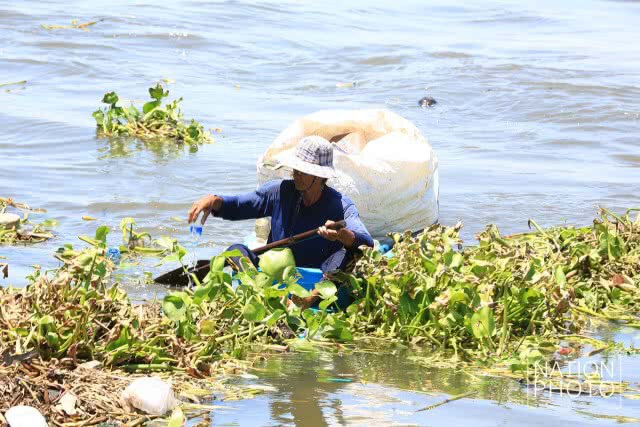 ชาวบ้านพายเรือเก็บขวดน้ำพลาสติกที่ลอยเกลื่อนในแม่น้ำ