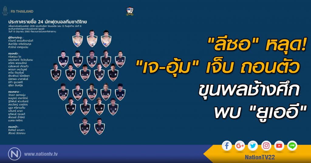 "ลีซอ" หลุด! "เจ-อุ้ม" เจ็บ ถอนตัว ขุนพลช้างศึกพบ "ยูเออี" "ลีซอ" หลุด! "เจ-อุ้ม" เจ็บ ถอนตัว ขุนพลช้างศึกพบ "ยูเออี"