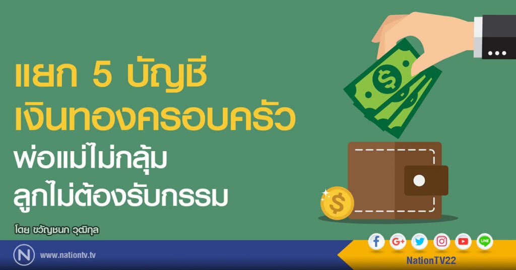 แยก 5 บัญชี เงินทองครอบครัว
พ่อแม่ไม่กลุ้ม ลูกไม่ต้องรับกรรม แยก 5 บัญชี เงินทองครอบครัว
พ่อแม่ไม่กลุ้ม ลูกไม่ต้องรับกรรม