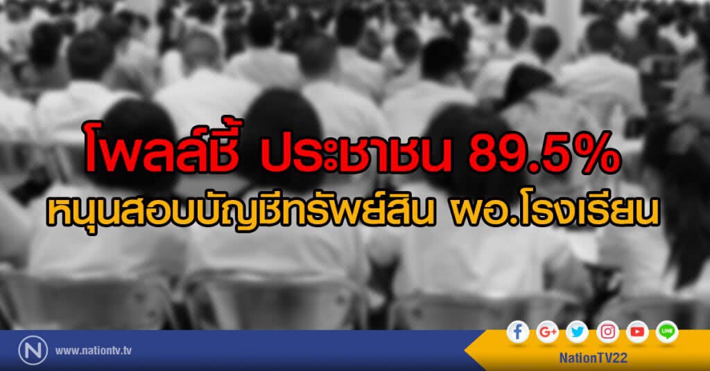 โพลล์ชี้ ประชาชน 89.5%
หนุนสอบบัญชีทรัพย์สิน ผอ.โรงเรียน โพลล์ชี้ ประชาชน 89.5%
หนุนสอบบัญชีทรัพย์สิน ผอ.โรงเรียน