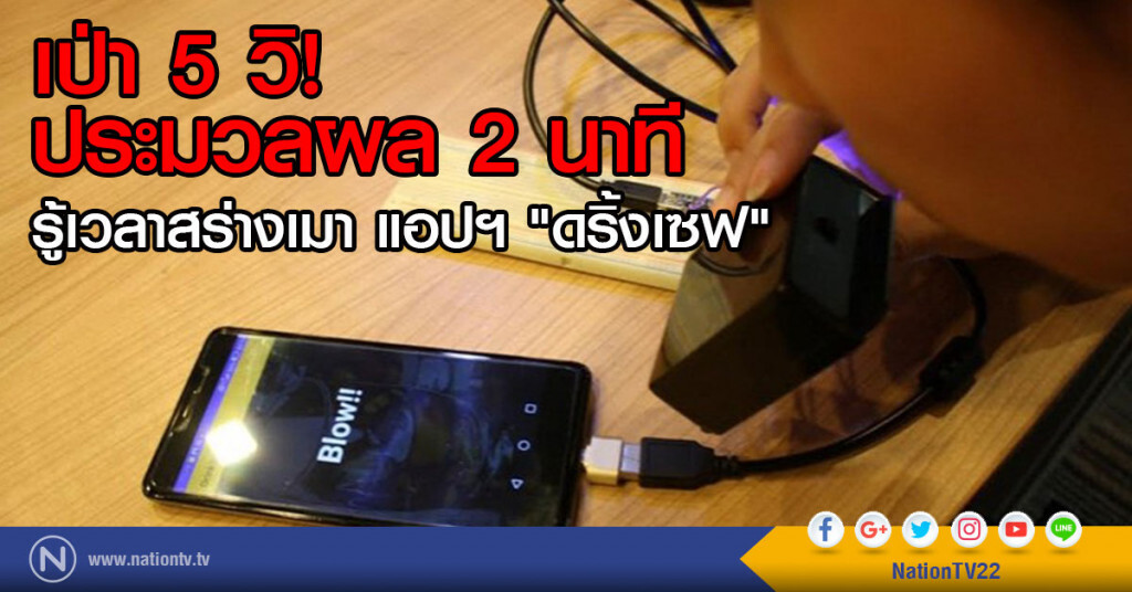 เป่า 5 วิ ประมวลผล 2 นาที
รู้เวลาสร่างเมา แอปฯ "ดริ้งเซฟ" เป่า 5 วิ ประมวลผล 2 นาที
รู้เวลาสร่างเมา แอปฯ "ดริ้งเซฟ"