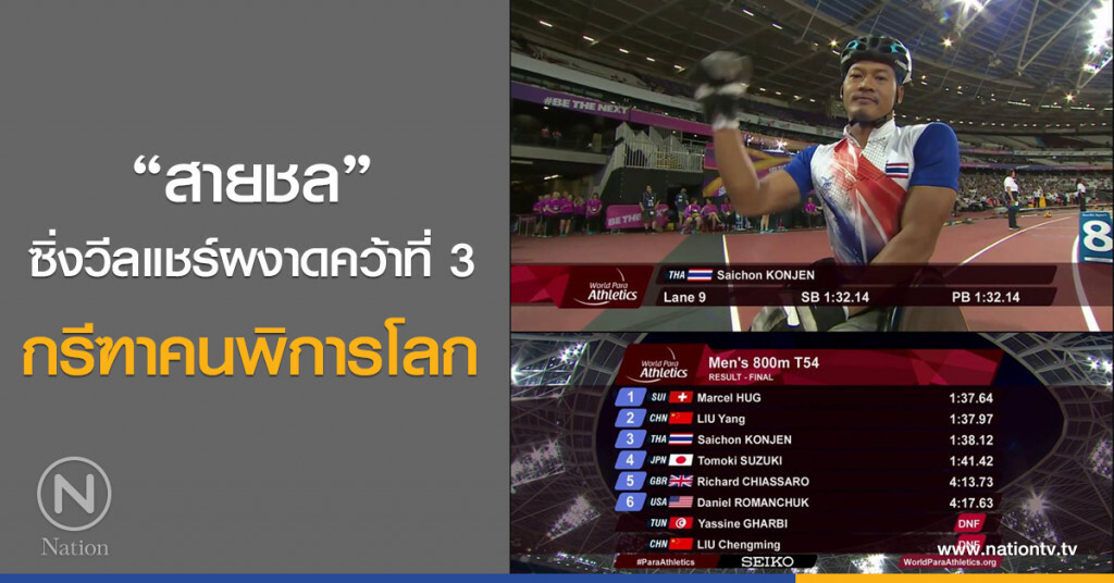 "สายชล" ซิ่งวีลแชร์ผงาดคว้าที่ 3 กรีฑาคนพิการโลก
