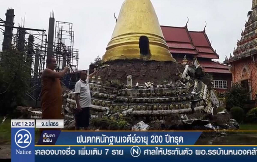 ยโสธรฝนตกหนัก ฐานเจดีย์อายุ 200 ปีทรุด ยโสธรฝนตกหนัก ฐานเจดีย์อายุ 200 ปีทรุด