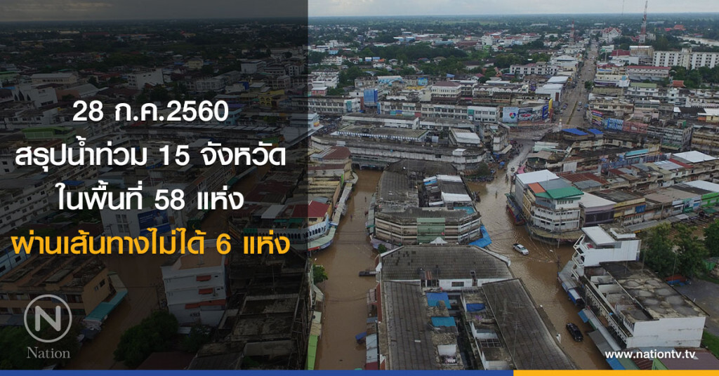 28 ก.ค.2560
สรุปน้ำท่วม 15 จังหวัด
ในพื้นที่ 58 แห่ง
ผ่านเส้นทางไม่ได้ 6 แห่ง
