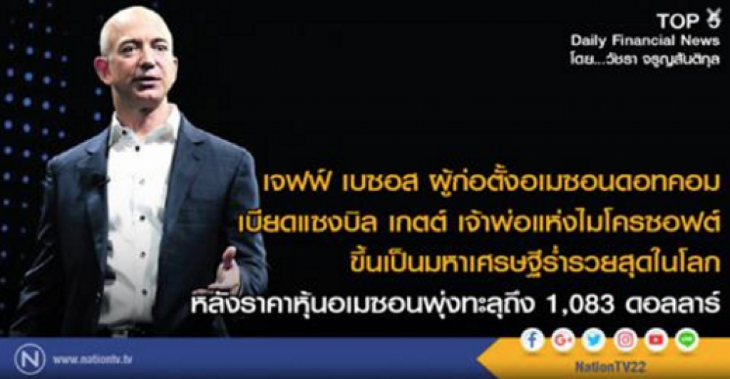 "เจฟฟ์ เบซอส" ผู้ก่อตั้งอเมซอน ขึ้นตำแหน่ง มหาเศรษฐีรวยที่สุดในโลก