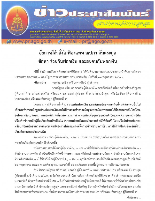 อัยการมีคำสั่งไม่ฟ้อง "แพท ณปภา" ข้อหา ร่วมกันฟอกเงิน และสมคบกันฟอกเงิน