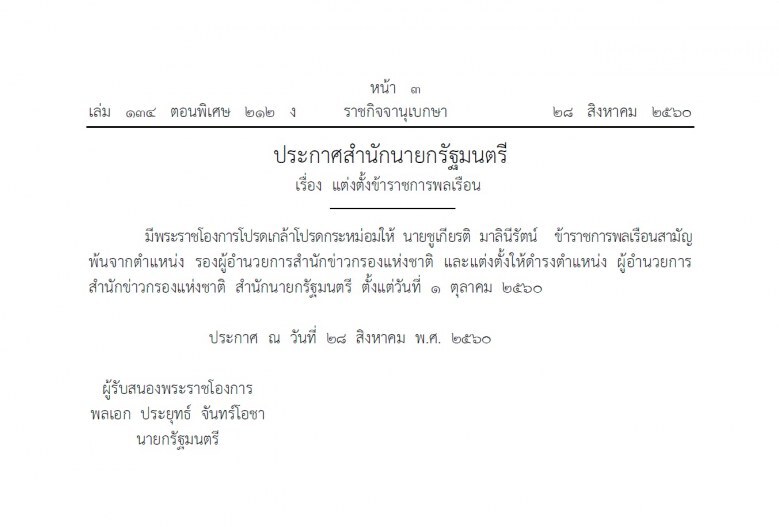 โปรดเกล้าฯ ‘ชูเกียรติ มาลินีรัตน์’ ผอ.สำนักข่าวกรองแห่งชาติ